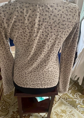 V Yaka Düğmeli Bej Bohem Triko Bluz - Görsel 6