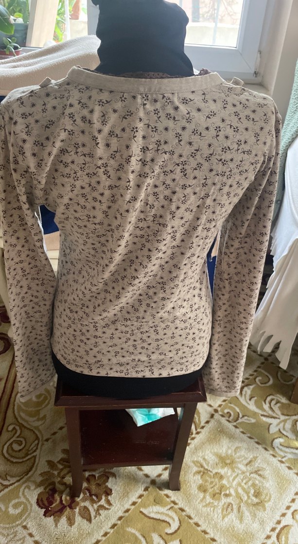 V Yaka Düğmeli Bej Bohem Triko Bluz - Görsel 5