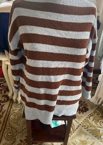 Kadın Kahverengi Gri Çizgili Triko Kazak - Görsel 3