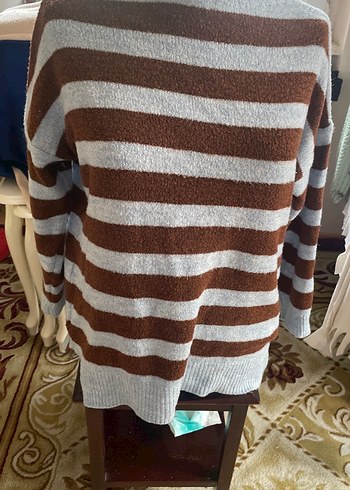 Kadın Kahverengi Gri Çizgili Triko Kazak - Görsel 2