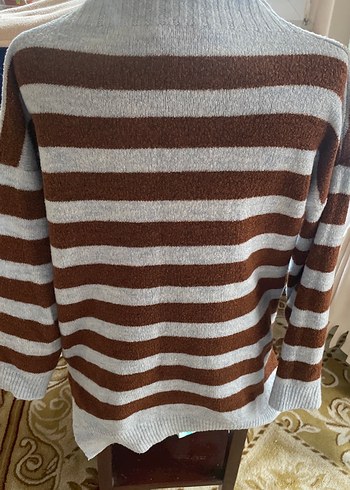 Kadın Kahverengi Gri Çizgili Triko Kazak - Görsel 4