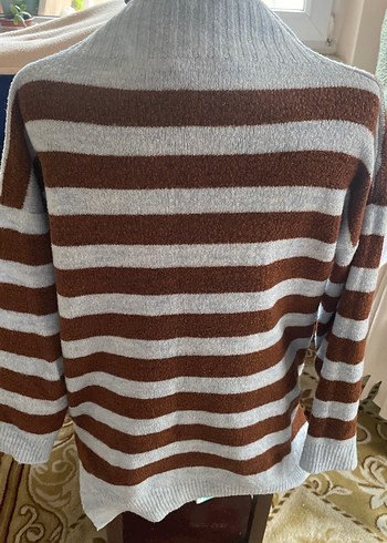 Kadın Kahverengi Gri Çizgili Triko Kazak - Görsel 5