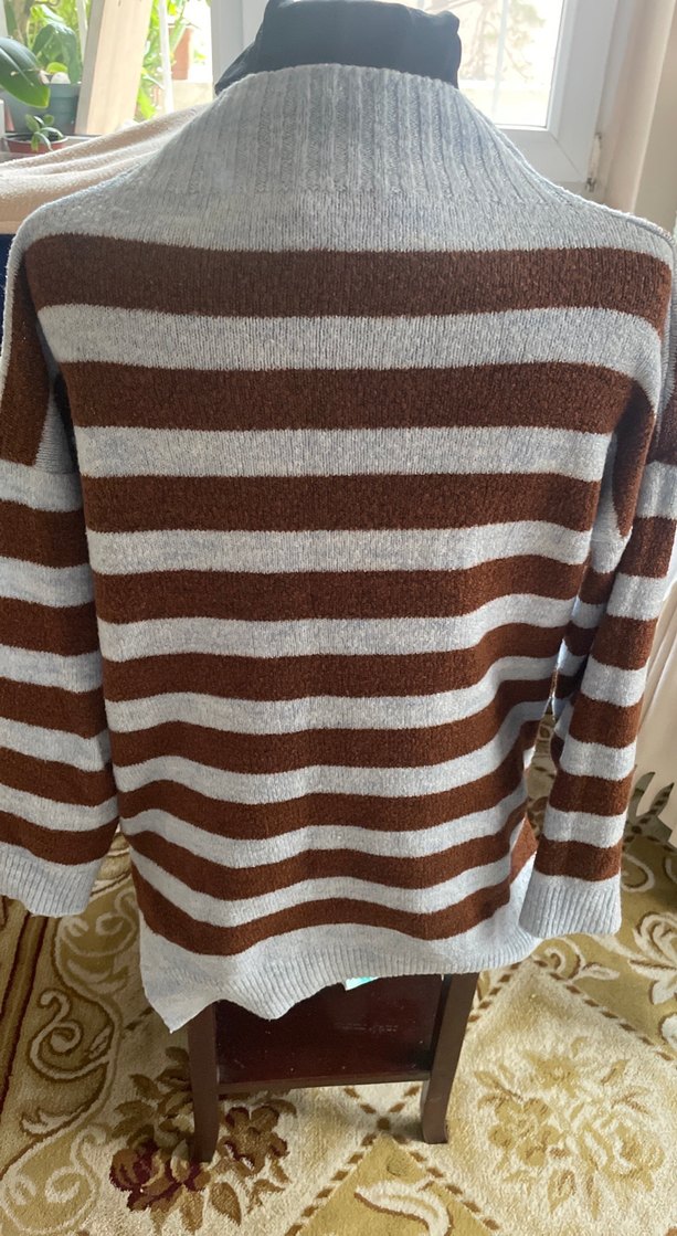 Kadın Kahverengi Gri Çizgili Triko Kazak - Görsel 4