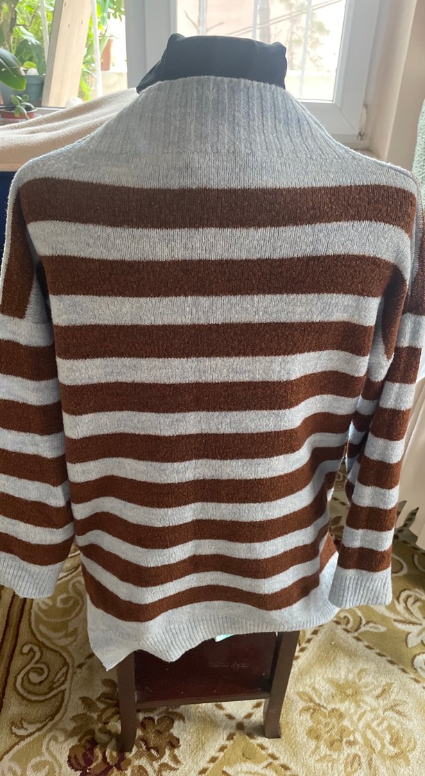 Kadın Kahverengi Gri Çizgili Triko Kazak - Görsel 5