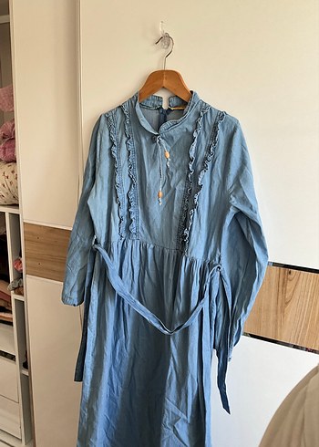 42 Beden Uzun Kollu Nakışlı Bohem Denim Elbise