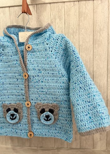 Mavi Nakışlı Örgü Erkek Çocuk Hırka - Görsel 7