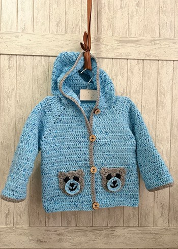 Mavi Nakışlı Örgü Erkek Çocuk Hırka - Görsel 8