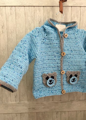 Mavi Nakışlı Örgü Erkek Çocuk Hırka - Görsel 3