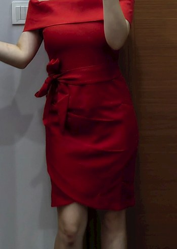 Kırmızı Madonna Yaka Midi Abiye Elbise - Görsel 2