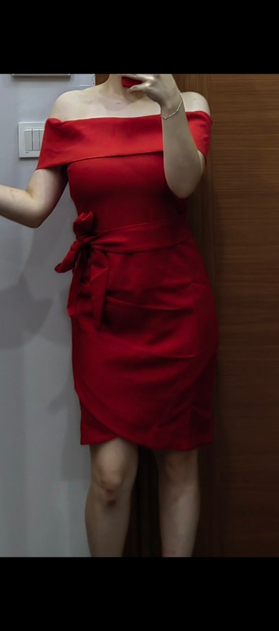 Kırmızı Madonna Yaka Midi Abiye Elbise - Görsel 2