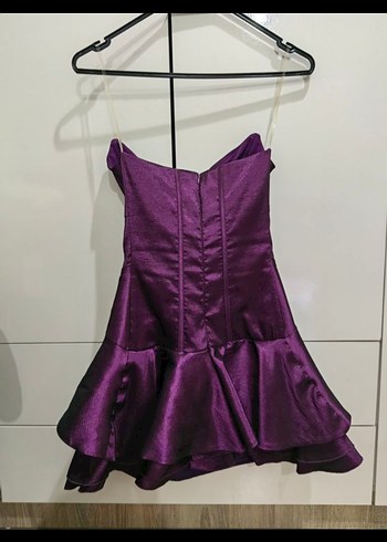 Mor Straplez Fırfırlı belden oturan kısa Abiye Elbise - Görsel 3