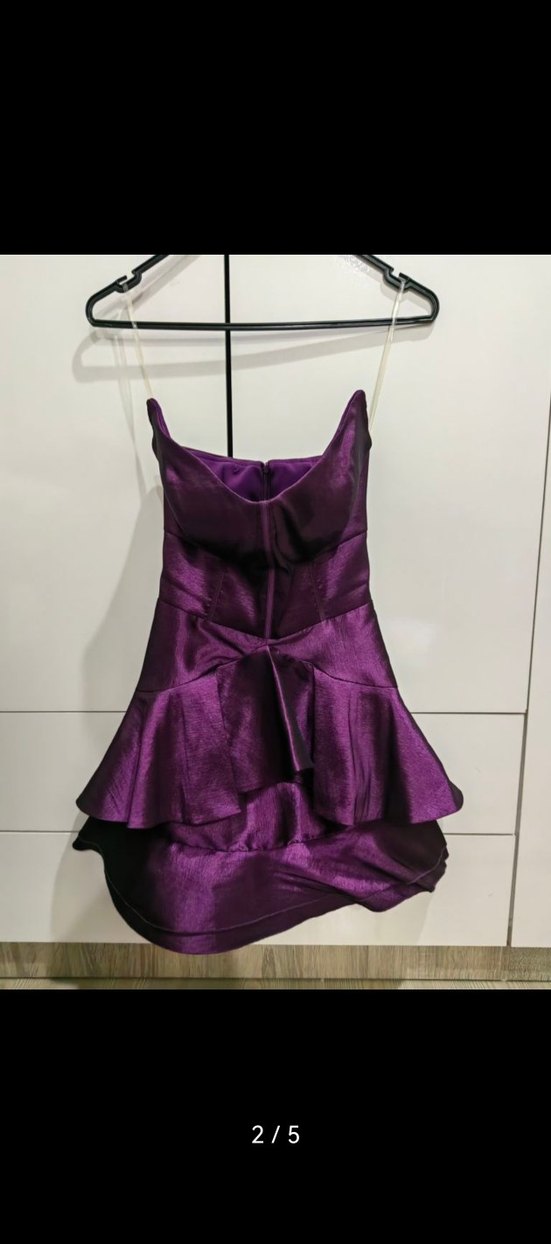 Mor Straplez Fırfırlı belden oturan kısa Abiye Elbise - Görsel 2