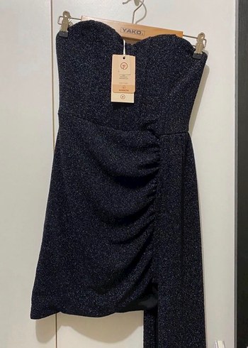 Siyah Drapeli Straplez Mini Elbise - Görsel 2