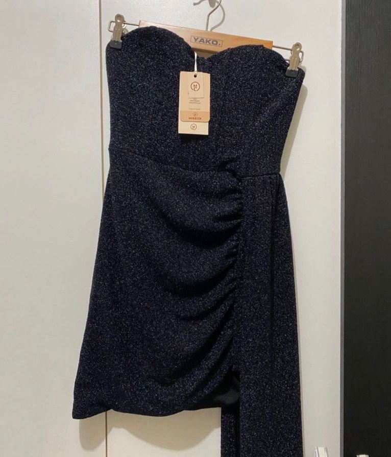 Siyah Drapeli Straplez Mini Elbise - Görsel 2