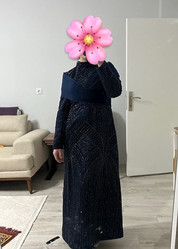 Uzun Lacivert Drapeli Kadın Abiye Elbise - Görsel 2