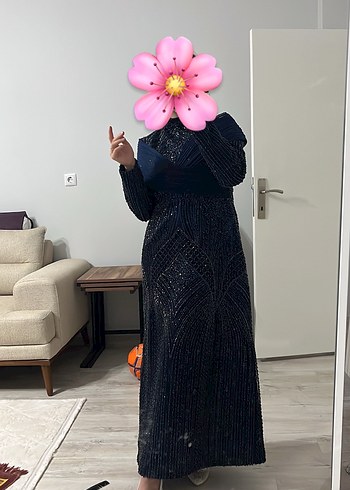 Uzun Lacivert Drapeli Kadın Abiye Elbise - Görsel 3