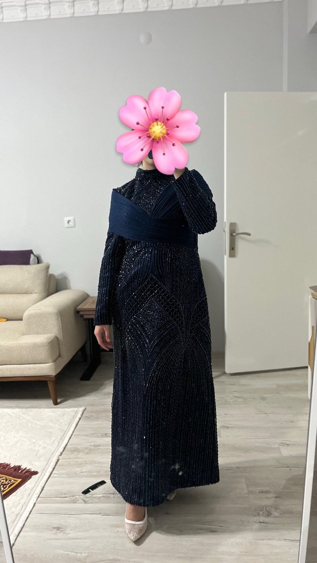 Uzun Lacivert Drapeli Kadın Abiye Elbise - Görsel 2