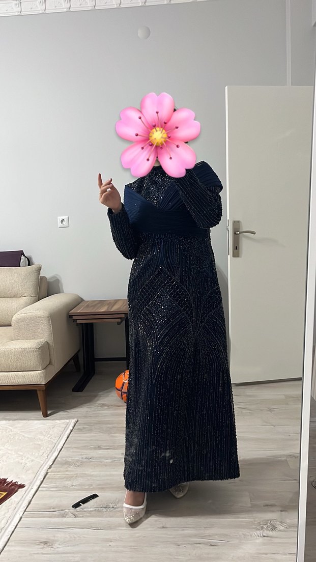 Uzun Lacivert Drapeli Kadın Abiye Elbise - Görsel 3