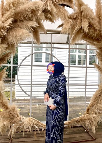 Uzun Kollu Boncuk İşlemeli Mavi Abiye - Görsel 2