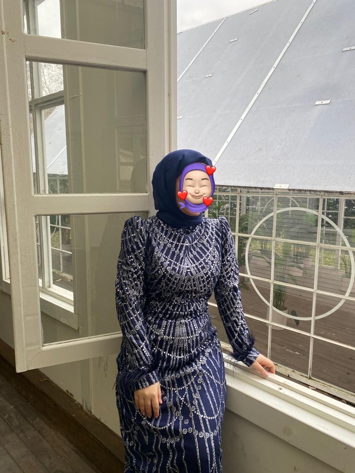 Uzun Kollu Boncuk İşlemeli Mavi Abiye - Görsel 3