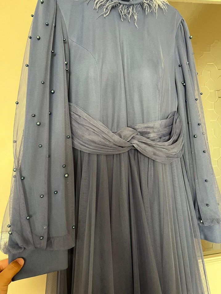 Mavi Drape Detaylı Uzun Kollu Abiye Elbise - Görsel 3