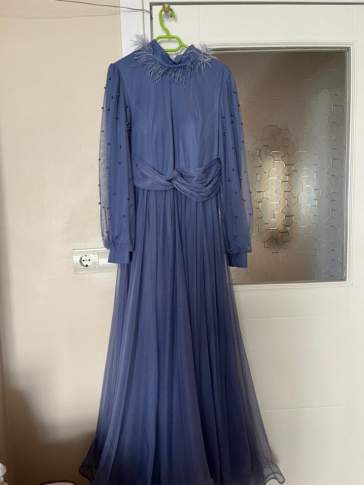 Mavi Drape Detaylı Uzun Kollu Abiye Elbise - Görsel 2