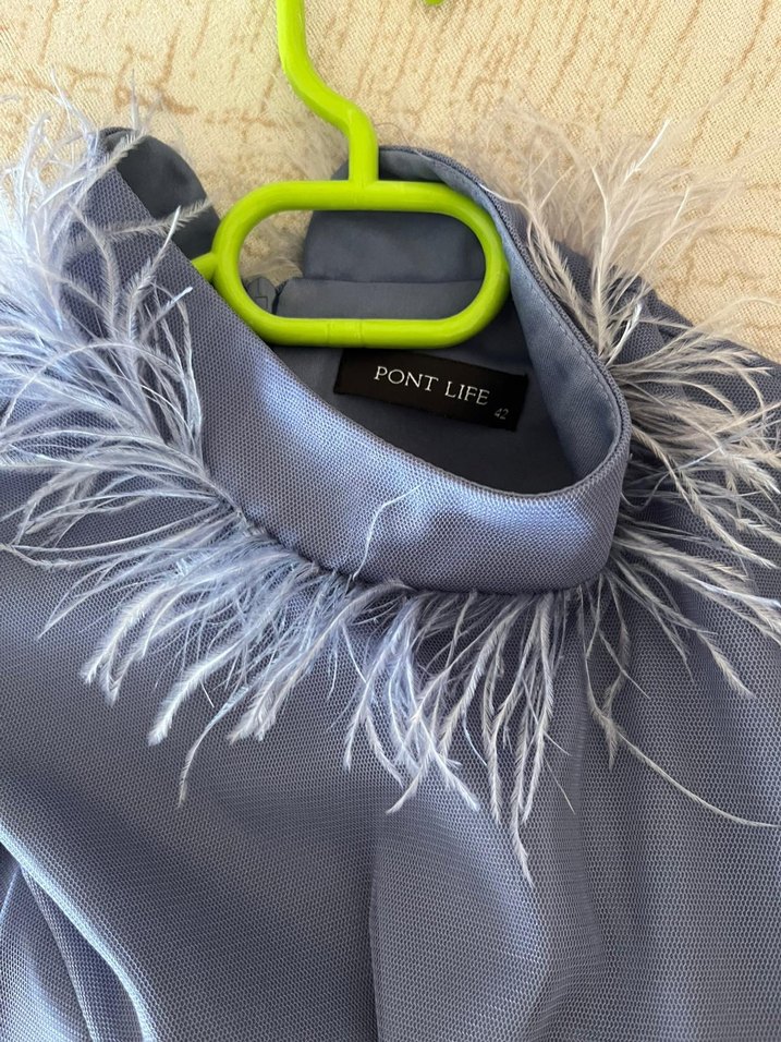 Mavi Drape Detaylı Uzun Kollu Abiye Elbise - Görsel 4