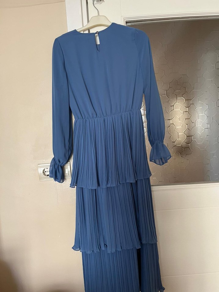 Uzun Kollu Mavi Pilili Kadın Elbise - Görsel 2