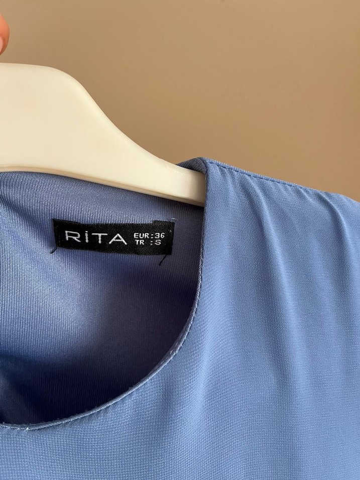 Uzun Kollu Mavi Pilili Kadın Elbise - Görsel 3