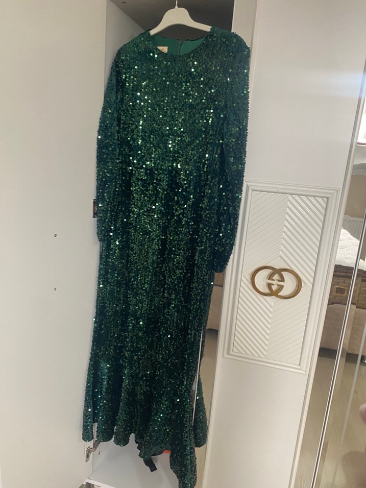 Parlak Yeşil Uzun Kollu Kadın Abiye Elbise - Görsel 3