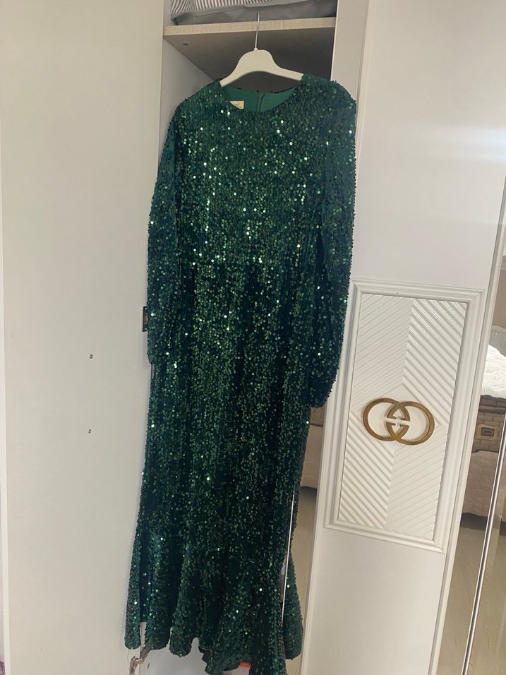 Parlak Yeşil Uzun Kollu Kadın Abiye Elbise - Görsel 2