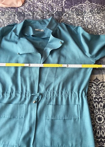 Mavi Keten Kadın Uzun Trençkot - Görsel 4