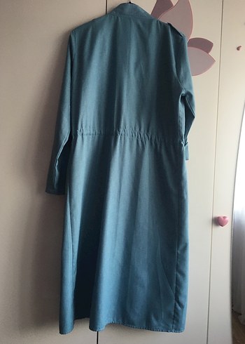 Mavi Keten Kadın Uzun Trençkot - Görsel 3