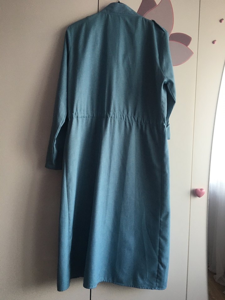 Mavi Keten Kadın Uzun Trençkot - Görsel 3