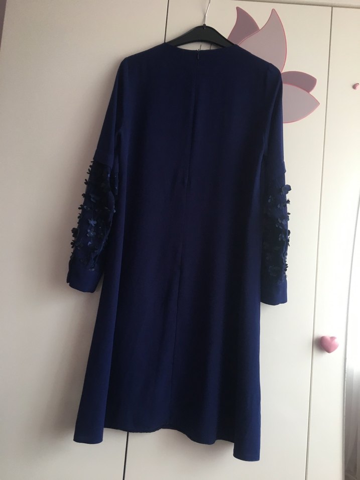 Lacivert Drapeli Uzun Kollu Kadın Elbise - Görsel 3