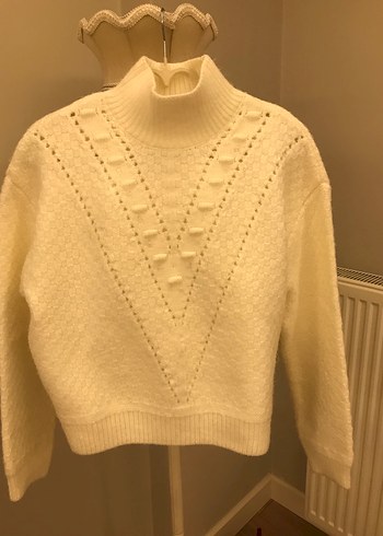 Kadın Beyaz Bohem Yüksek Yakalı Yün Kazak - Görsel 2