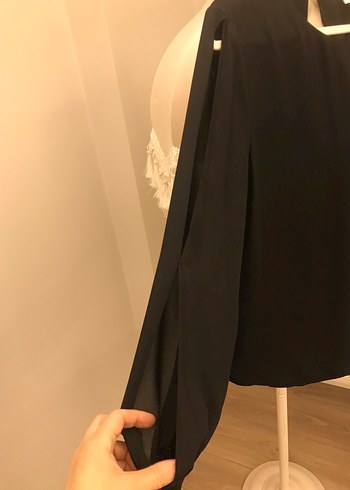 Kolu yırtmaçlı , Siyah Uzun Kollu Kadın Gömlek - Görsel 9