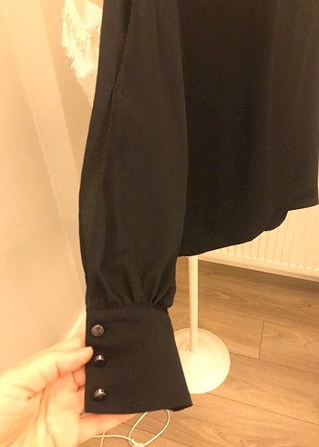 Kolu yırtmaçlı , Siyah Uzun Kollu Kadın Gömlek - Görsel 7