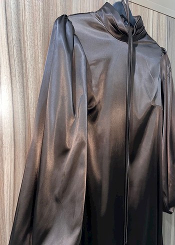 Kahverengi Uzun Kollu Saten Elbise - Görsel 5