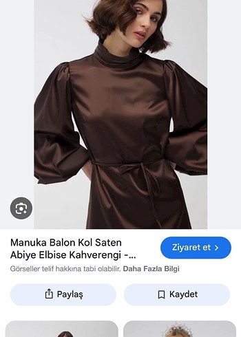 Kahverengi Uzun Kollu Saten Elbise - Görsel 2