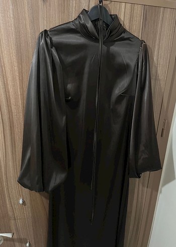 Kahverengi Uzun Kollu Saten Elbise - Görsel 3