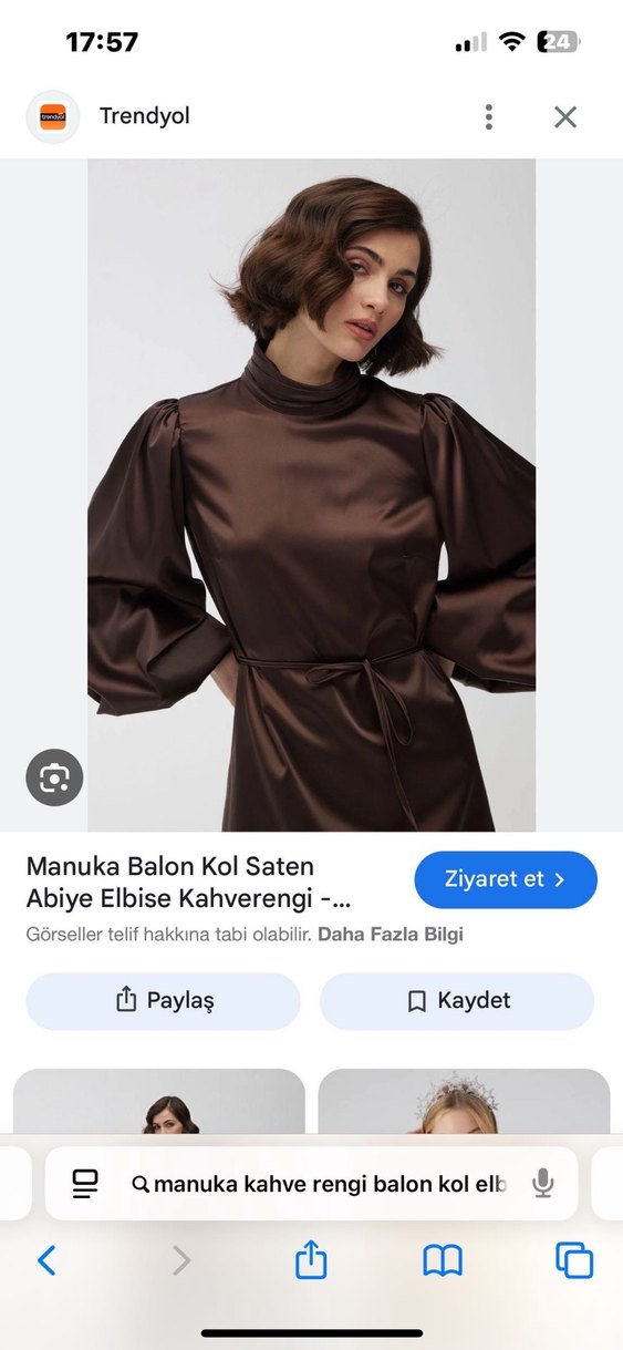 Kahverengi Uzun Kollu Saten Elbise - Görsel 2