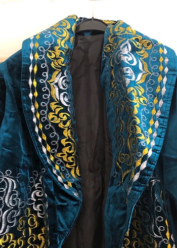 Geleneksel Uzun Kollu Mavi Kadife Nakışlı Elbise - Görsel 4