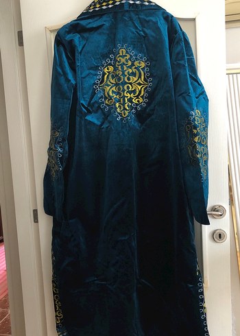 Geleneksel Uzun Kollu Mavi Kadife Nakışlı Elbise - Görsel 8