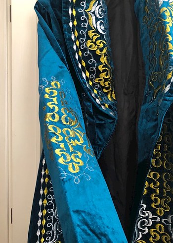 Geleneksel Uzun Kollu Mavi Kadife Nakışlı Elbise - Görsel 5