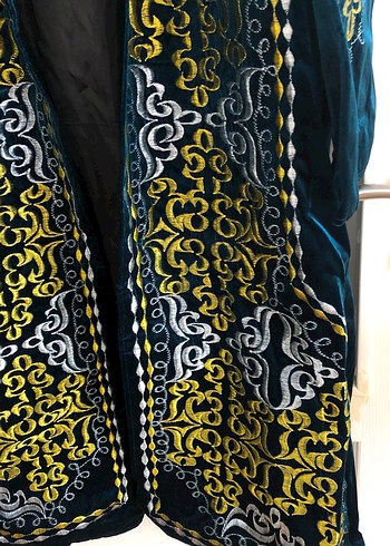 Geleneksel Uzun Kollu Mavi Kadife Nakışlı Elbise - Görsel 3