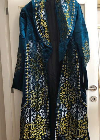 Geleneksel Uzun Kollu Mavi Kadife Nakışlı Elbise - Görsel 2