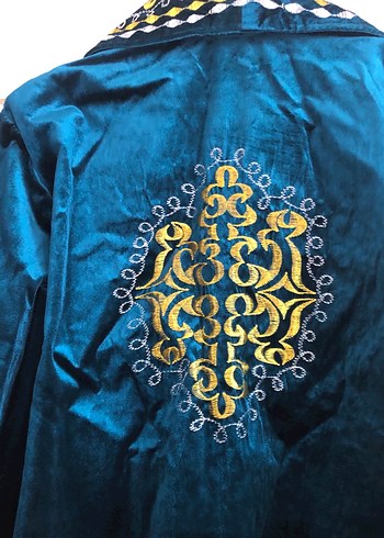 Geleneksel Uzun Kollu Mavi Kadife Nakışlı Elbise - Görsel 9