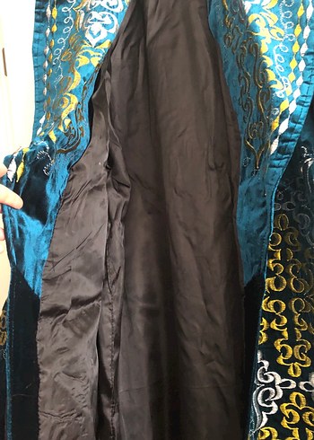 Geleneksel Uzun Kollu Mavi Kadife Nakışlı Elbise - Görsel 6