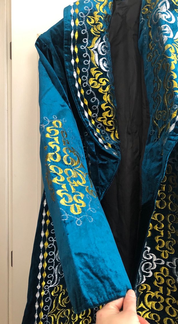 Geleneksel Uzun Kollu Mavi Kadife Nakışlı Elbise - Görsel 5